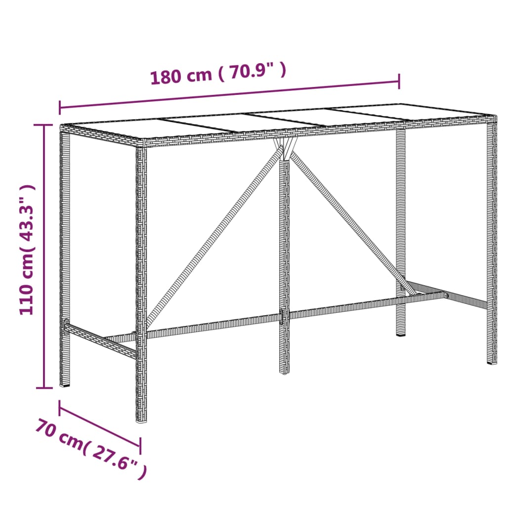 vidaXL Bartafel met glazen blad 180x70x110 cm poly rattan bruin