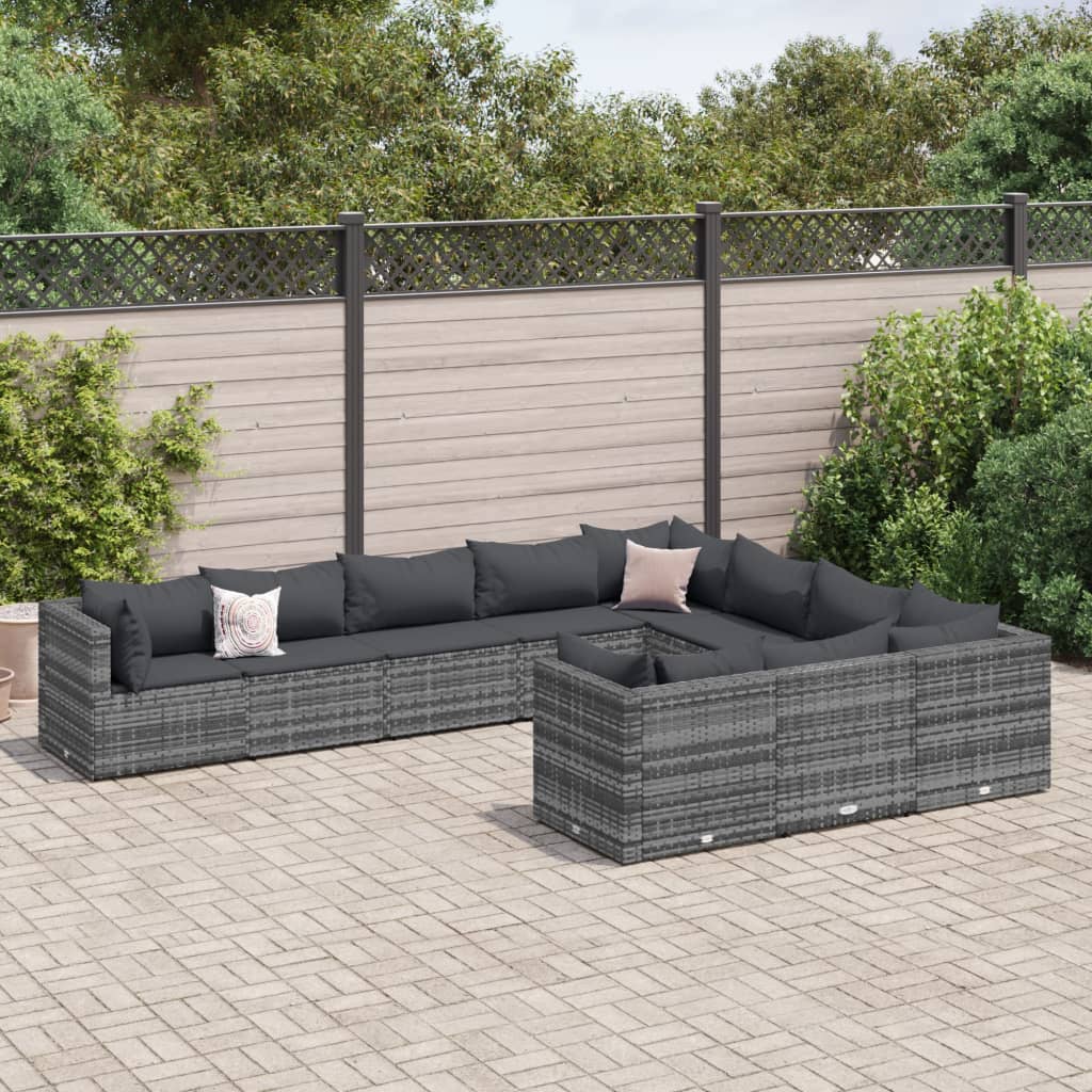 vidaXL 10-delige Loungeset met kussens poly rattan grijs