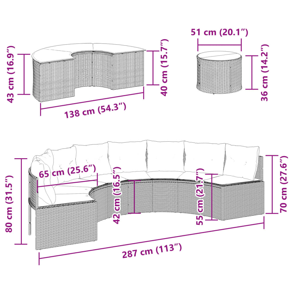 vidaXL 3-delige Loungeset halfrond poly rattan zwart