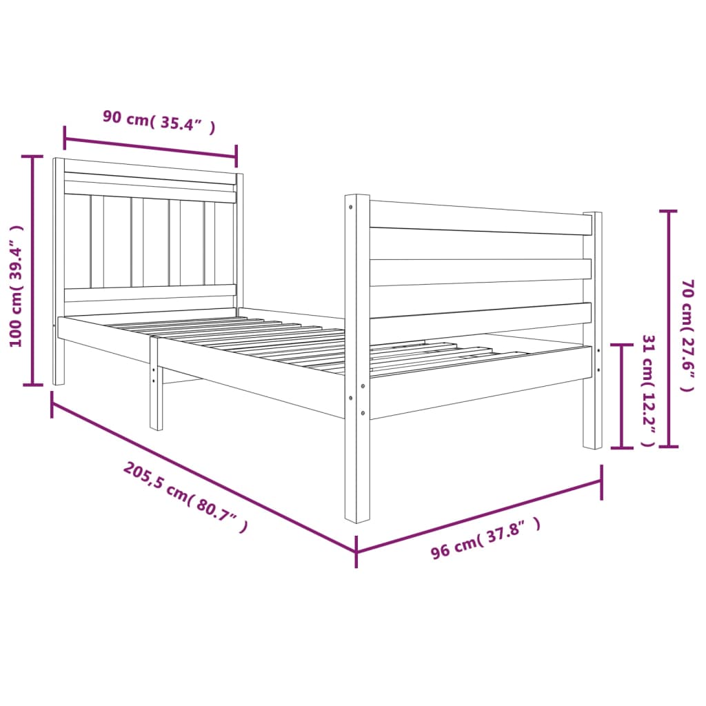 vidaXL Bedframe massief hout zwart 90x200 cm