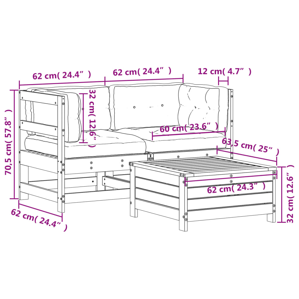 vidaXL 3-delige Loungeset met kussens massief douglashout