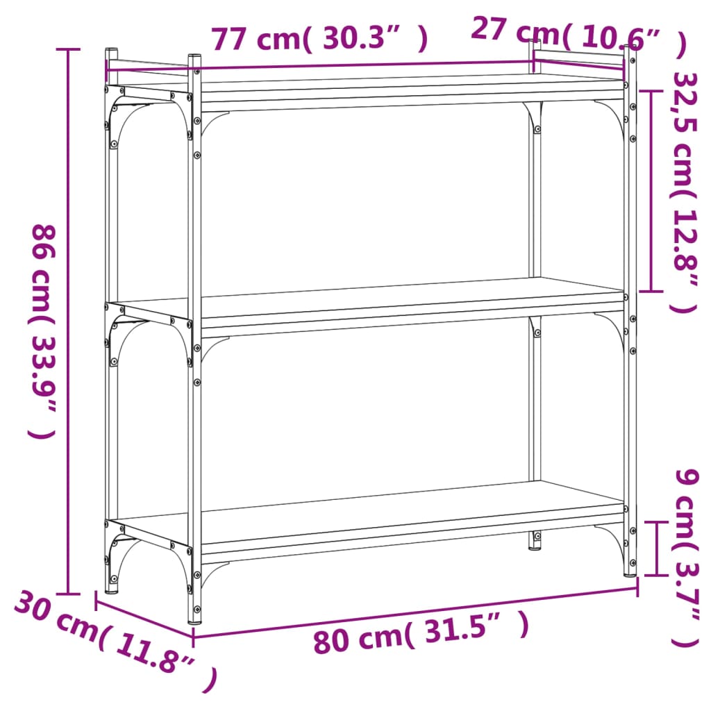 vidaXL Boekenkast 3-laags 80x30x86 cm bewerkt hout bruin eikenkleur