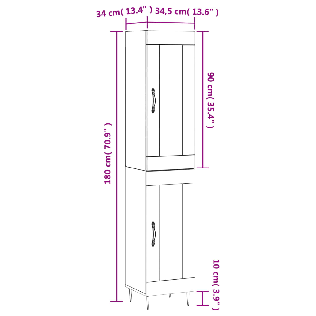 vidaXL Hoge kast 34,5x34x180 cm bewerkt hout grijs sonoma eikenkleurig