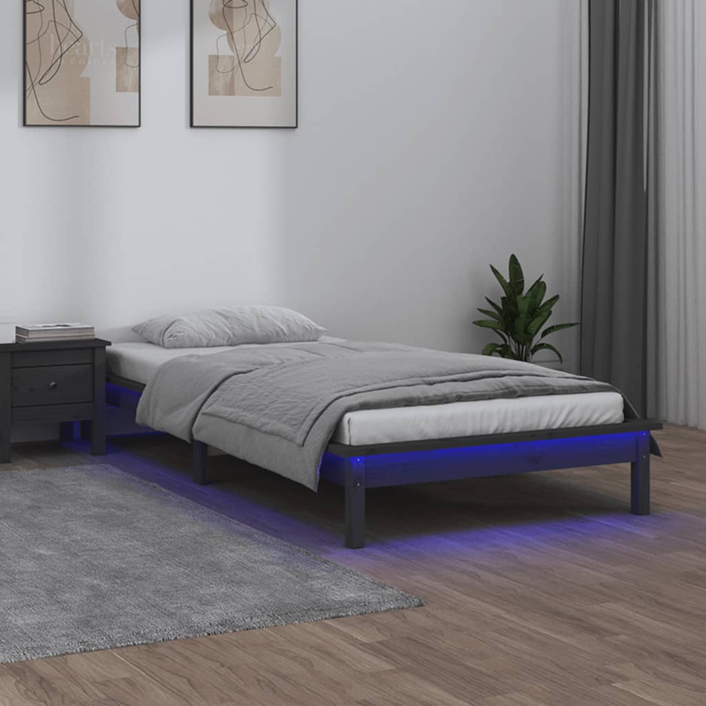 vidaXL Bedframe LED massief hout grijs 90x190 cm