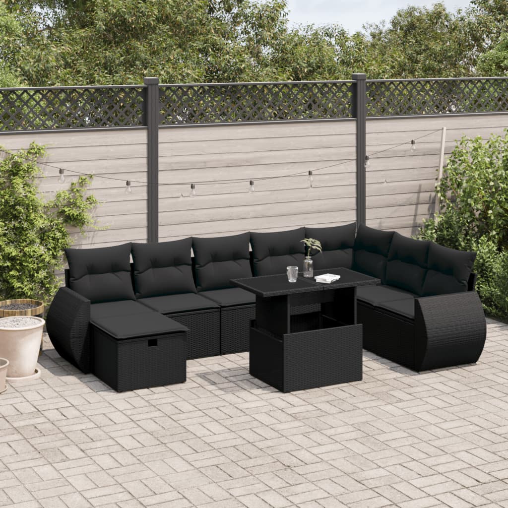 vidaXL 9-delige Loungeset met kussens poly rattan zwart