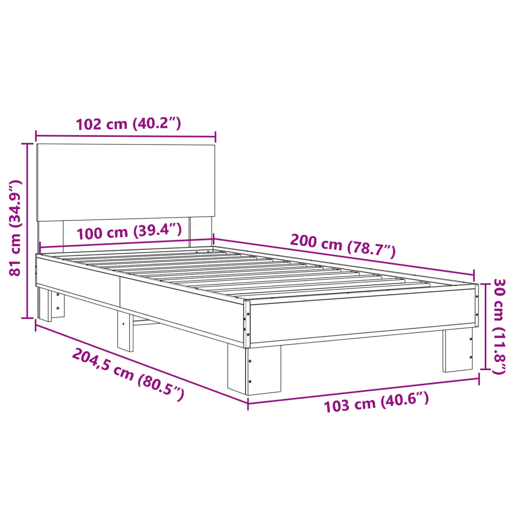 vidaXL Bedframe bewerkt hout en metaal grijs sonoma eiken 100x200 cm