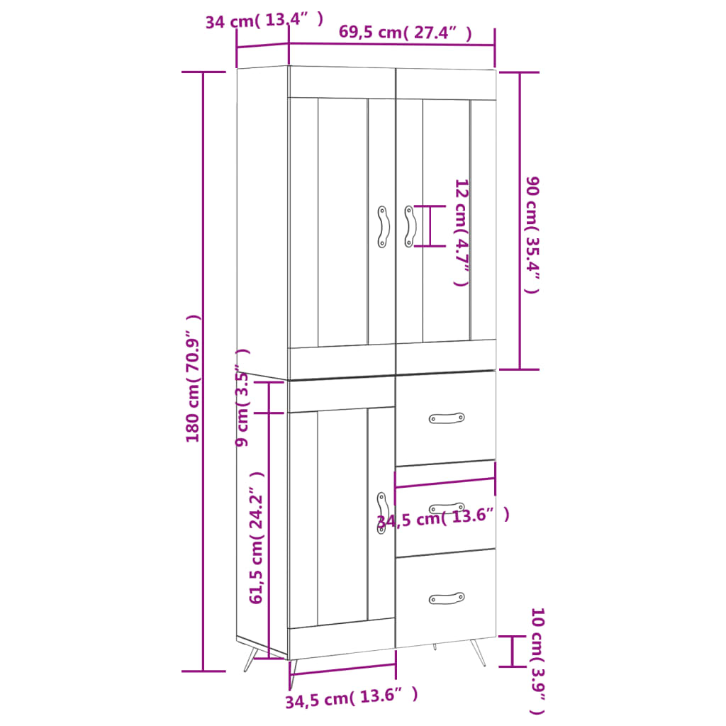 vidaXL Hoge kast 69,5x34x180 cm bewerkt hout grijs sonoma eikenkleurig