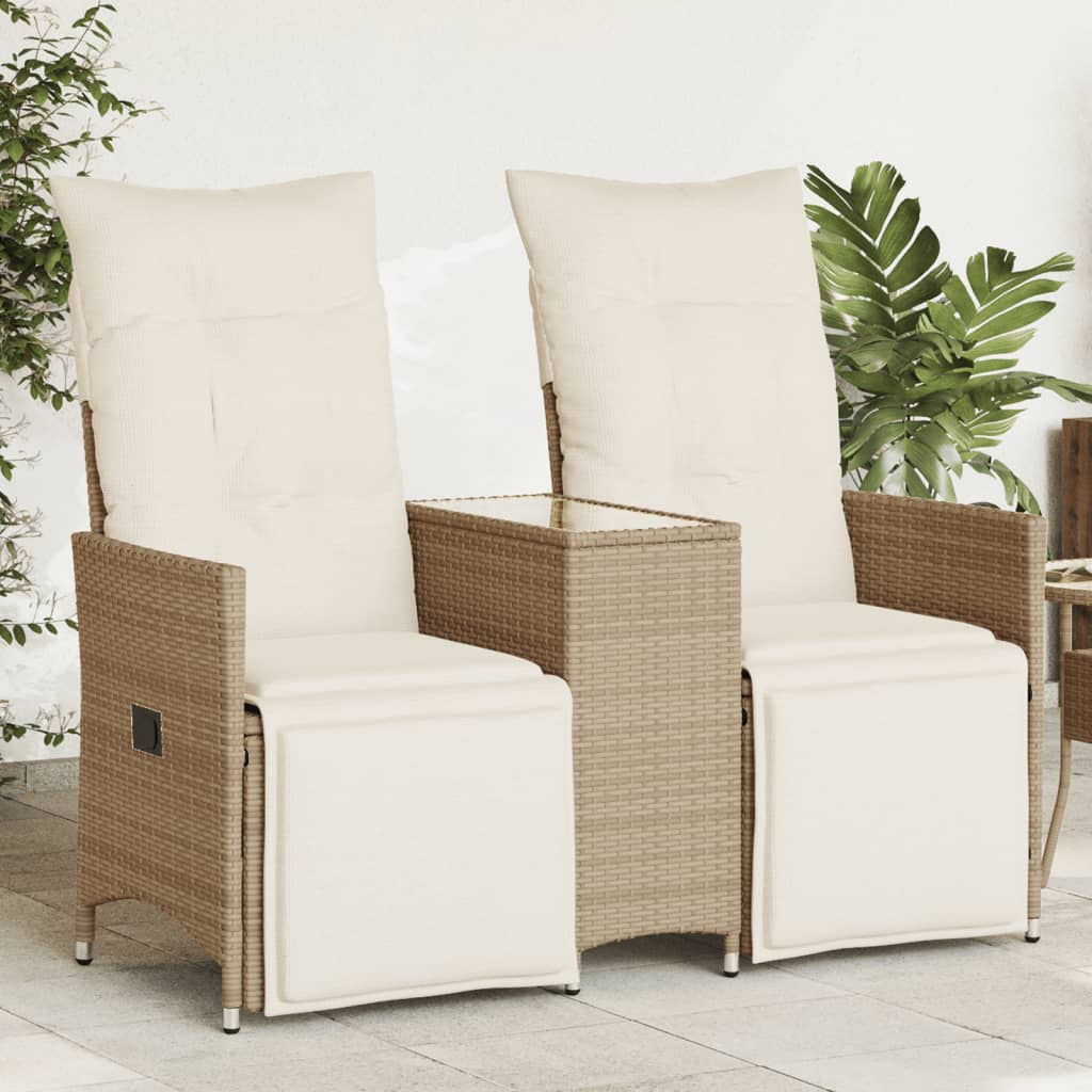 vidaXL Tuinbank 2-zits verstelbaar met tafel poly rattan beige