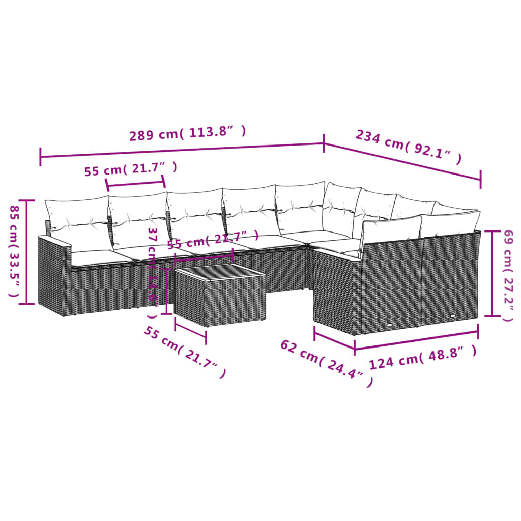 vidaXL 10-delige Loungeset met kussens poly rattan gemengd beige