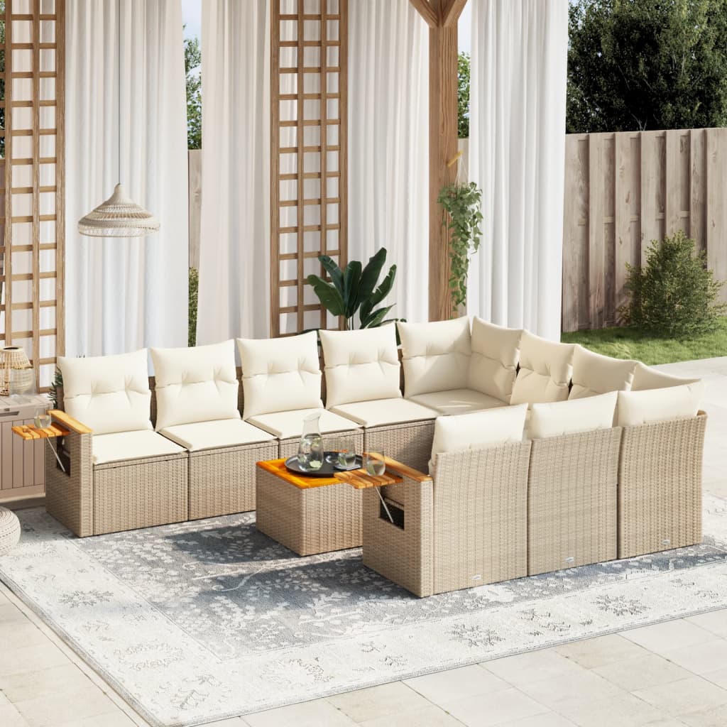 vidaXL 11-delige Tuinset met kussens poly rattan beige