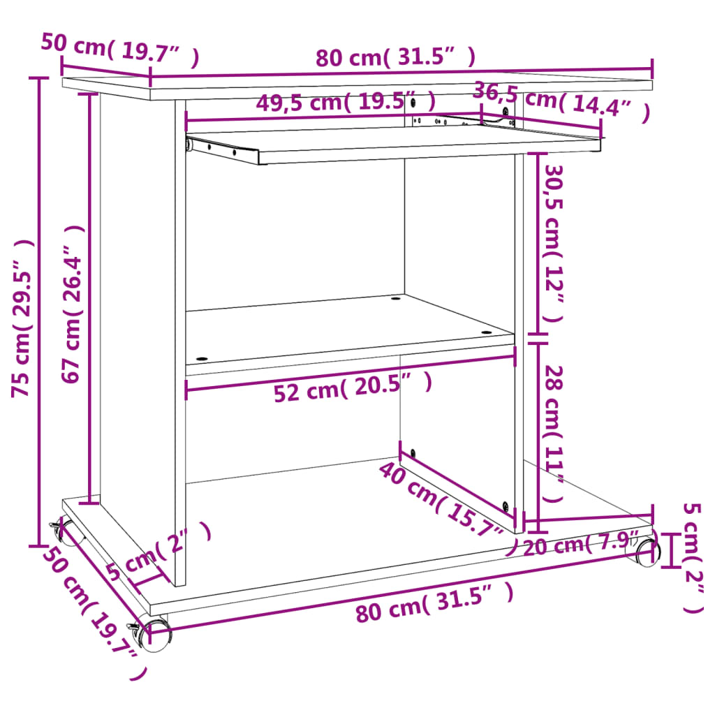 vidaXL Computerbureau 80x50x75 cm bewerkt hout hoogglans wit