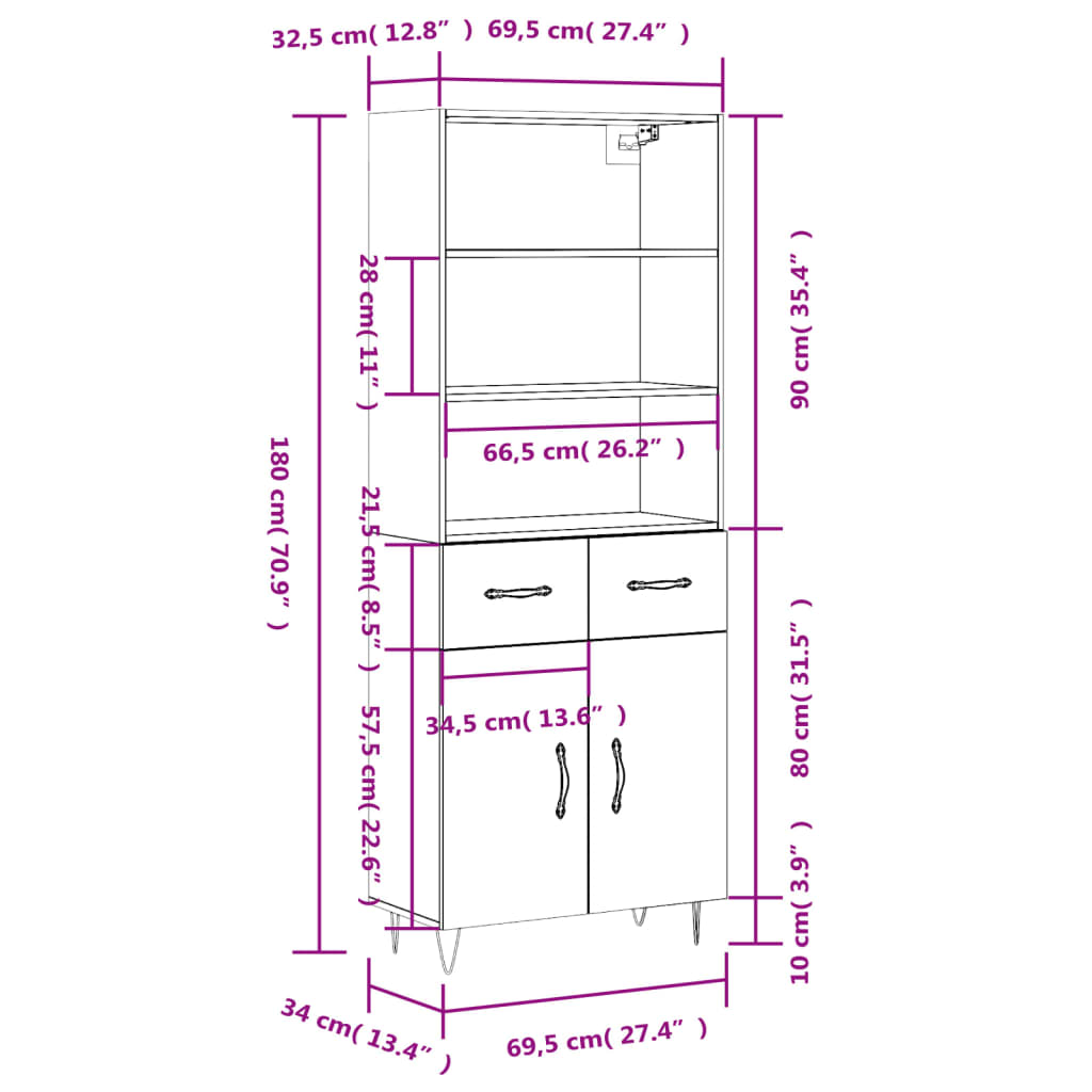 vidaXL Hoge kast 69,5x34x180 cm bewerkt hout gerookt eikenkleurig