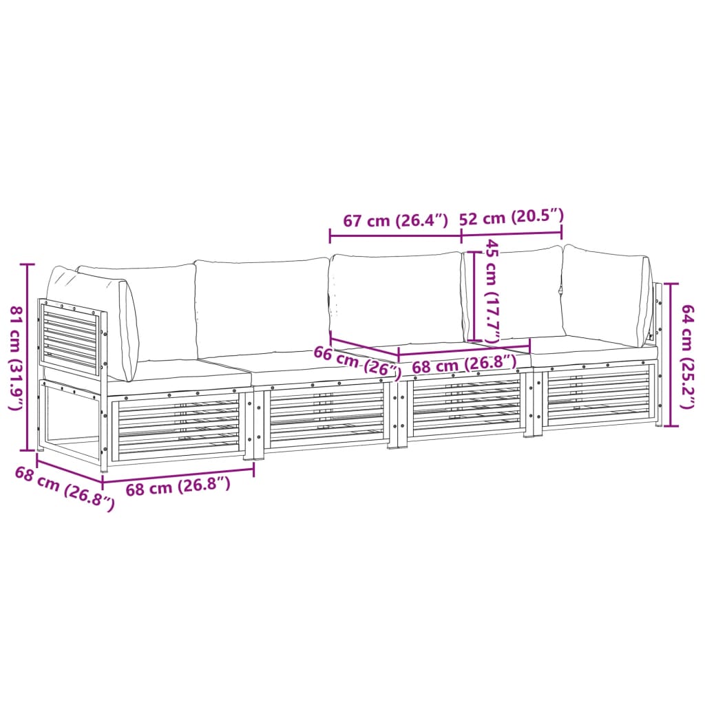 vidaXL 4-delige Loungeset met kussens massief acaciahout