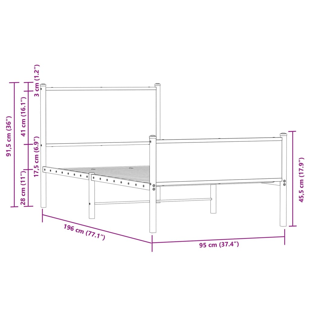 vidaXL Bedframe hoofd- en voeteneinde metaal bruin eiken 90x190 cm