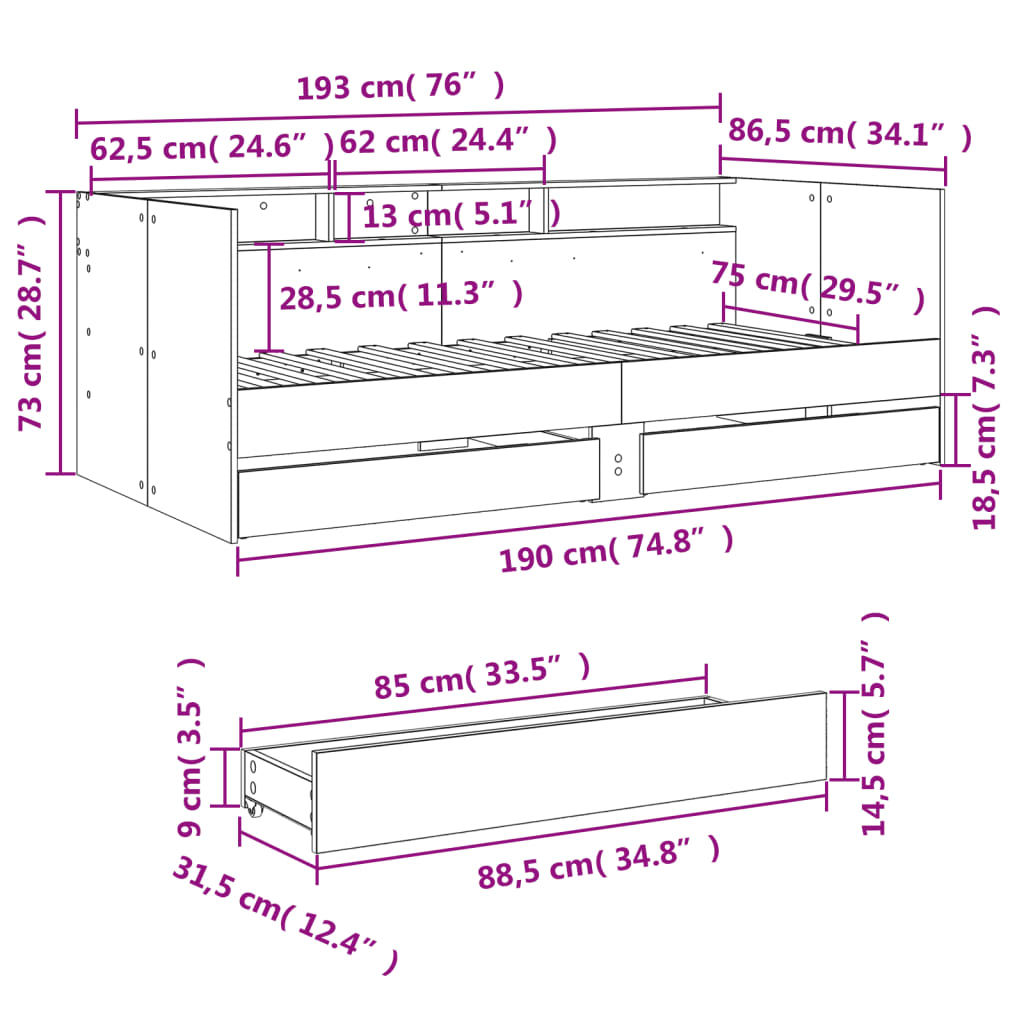 vidaXL Slaapbank met lades zonder matras 75x190 cm betongrijs