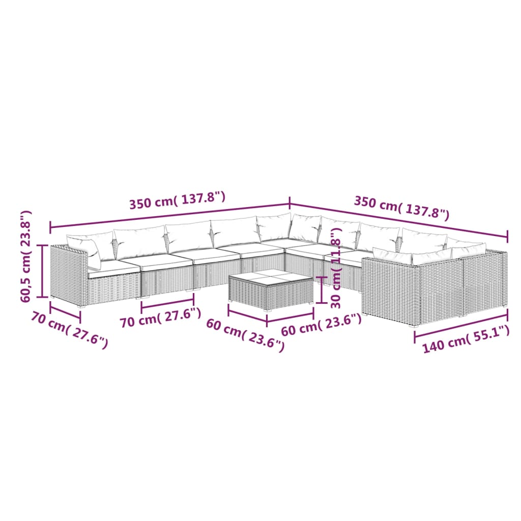 vidaXL 11-delige Loungeset met kussens poly rattan bruin