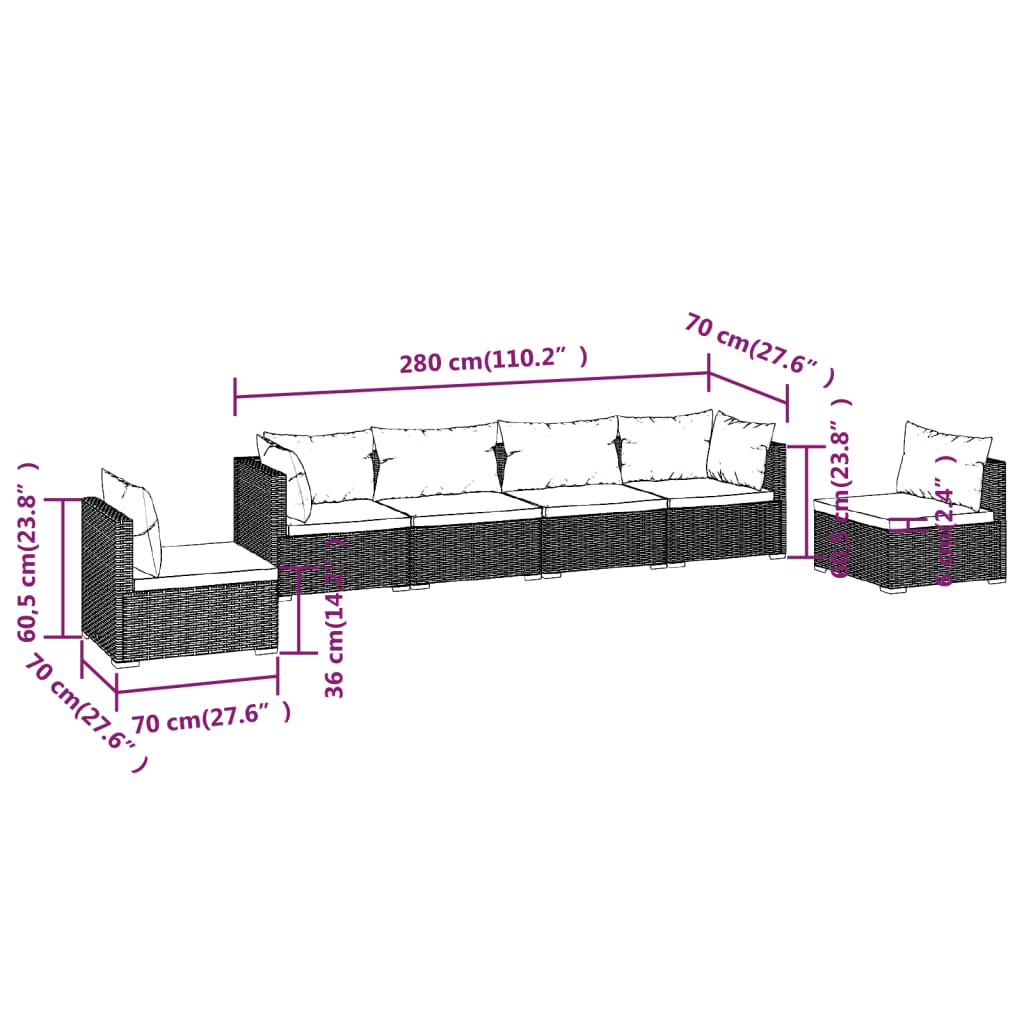 vidaXL 6-delige Loungeset met kussens poly rattan bruin