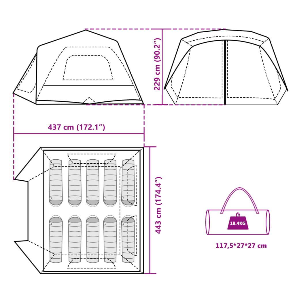 vidaXL Tent met LED 10-persoons snelontgrendeling lichtgroen