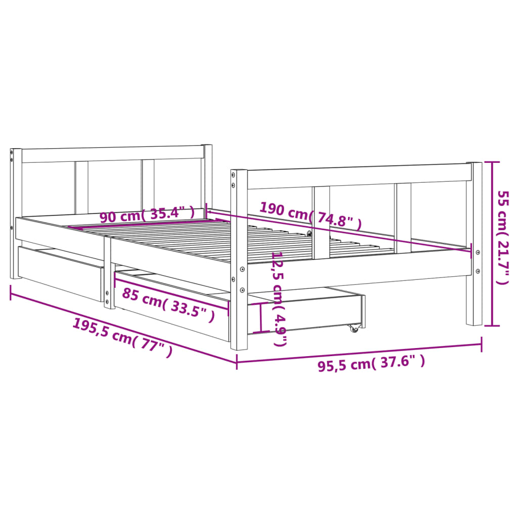 vidaXL Kinderbedframe met lades 90x190 cm massief grenenhout