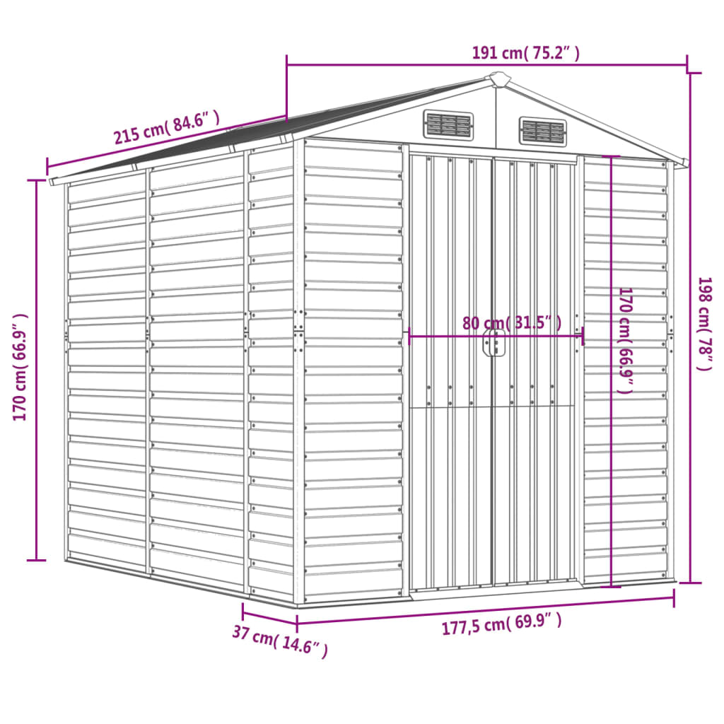 vidaXL Tuinschuur 191x215x198 cm gegalvaniseerd staal antracietkleurig