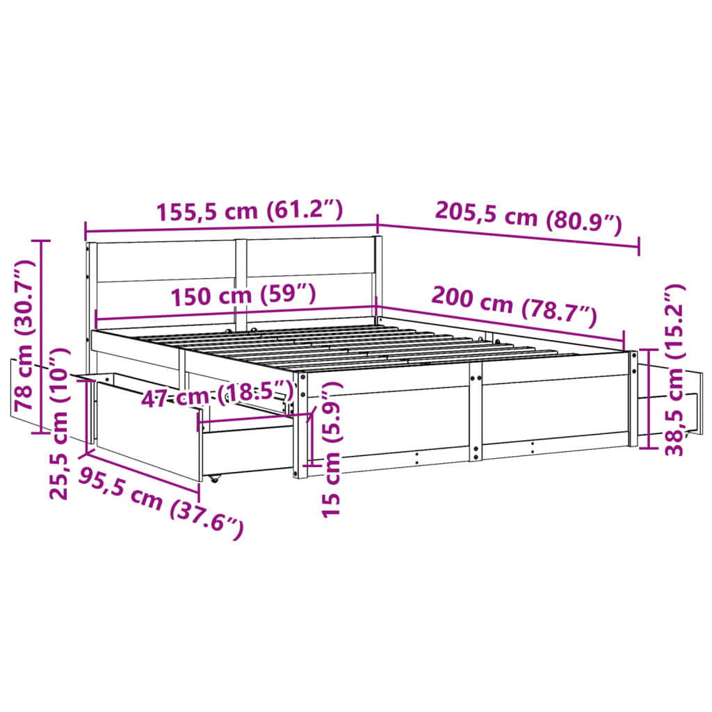 vidaXL Bedframe zonder matras massief grenenhout wasbruin 150x200 cm