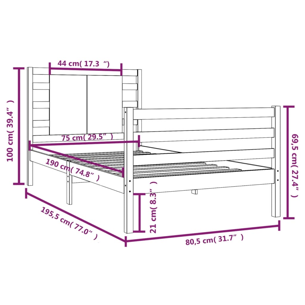 vidaXL Bedframe massief grenenhout zwart 75x190 cm