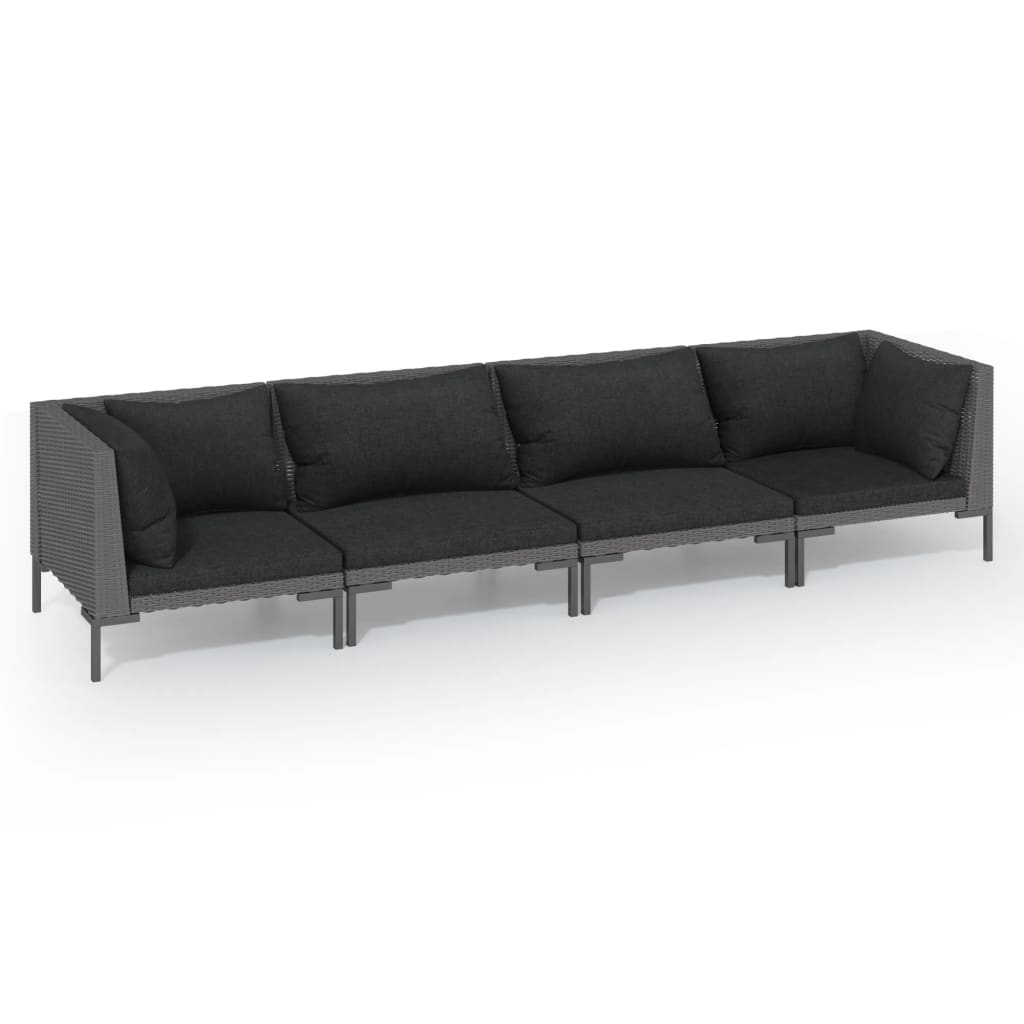 vidaXL 4-delige Loungeset met kussens poly rattan donkergrijs