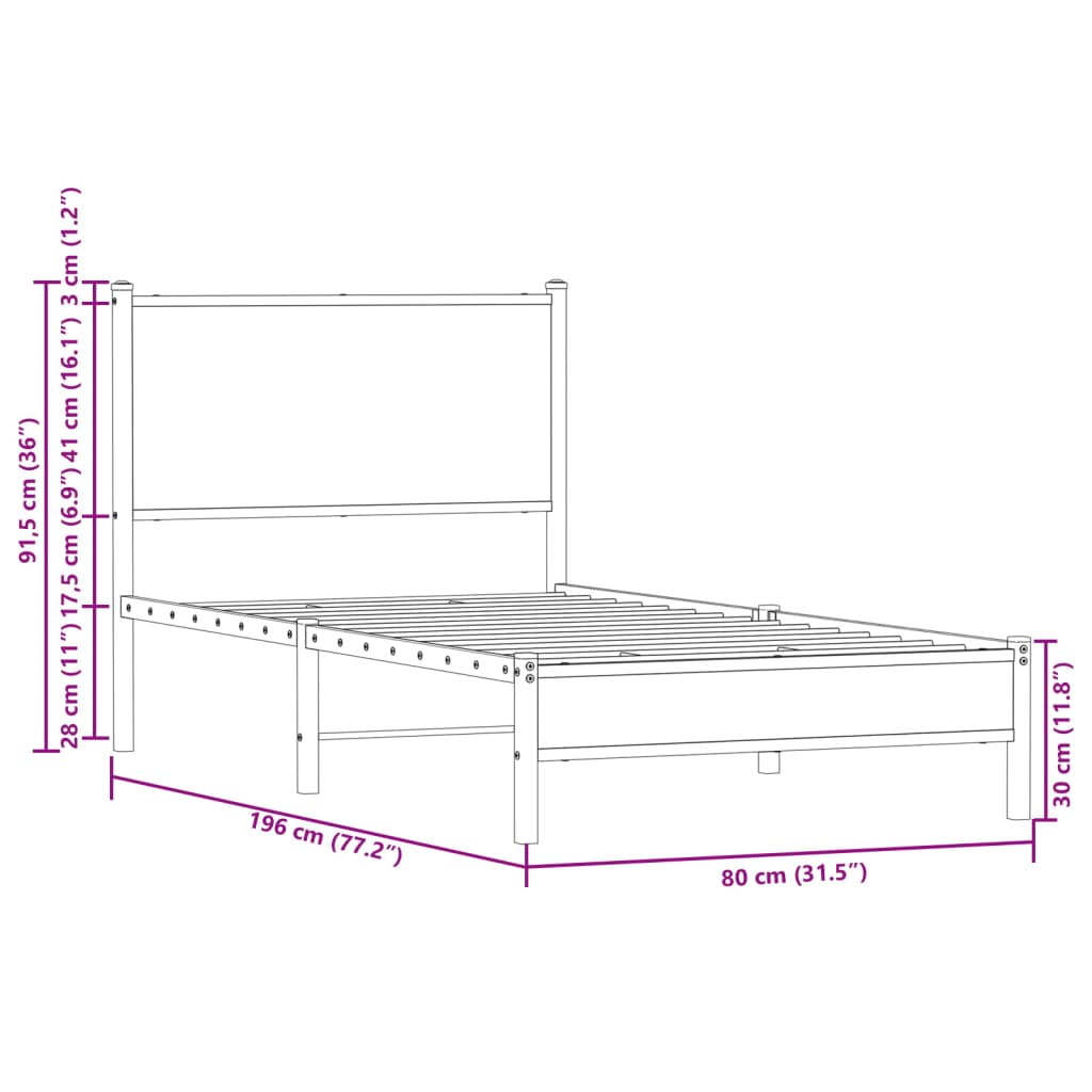 vidaXL Bedframe met hoofdbord metaal bruin eikenkleurig 75x190 cm