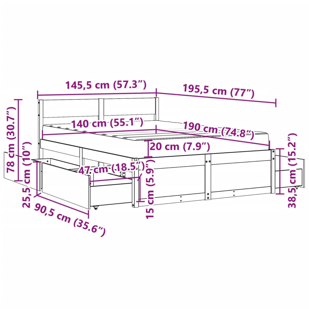 vidaXL Bed met lades en matras massief grenenhout wit 140x190 cm