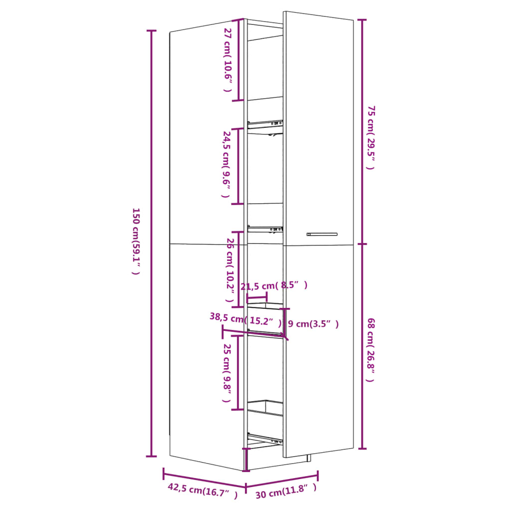 vidaXL Apothekerskast 30x42,5x150 cm bewerkt hout hoogglans wit