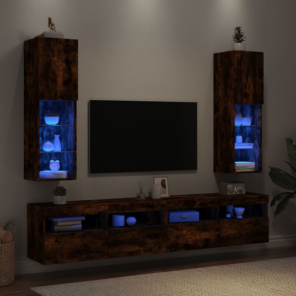 vidaXL Tv-meubels LED-verlichting 2 st 30,5x30x102 cm gerookt eiken
