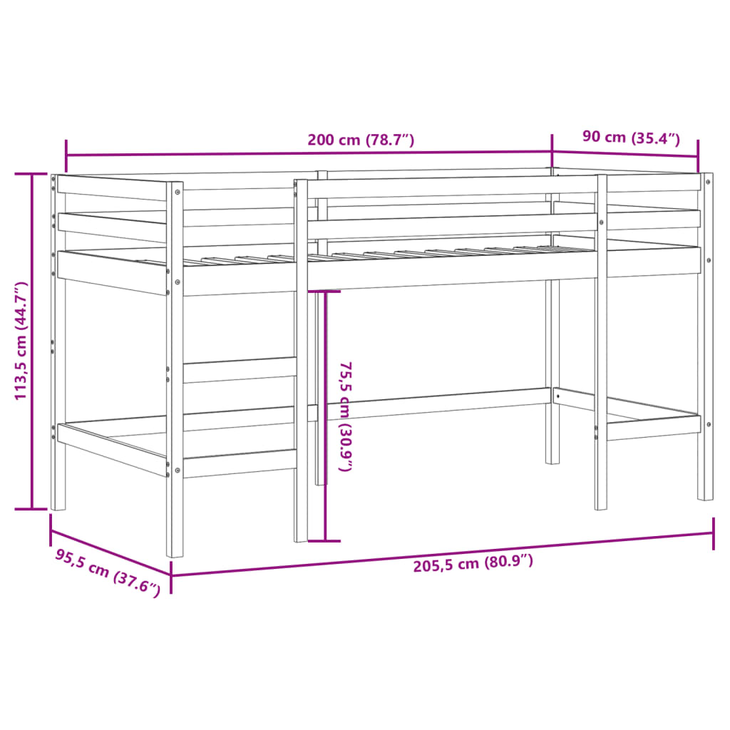 vidaXL Kinderhoogslaper met gordijnen 90x200 cm grenenhout roze