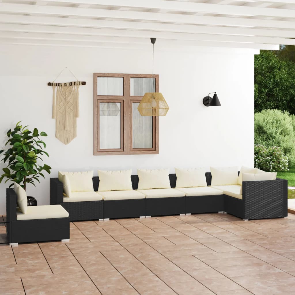 vidaXL 7-delige Loungeset met kussens poly rattan zwart