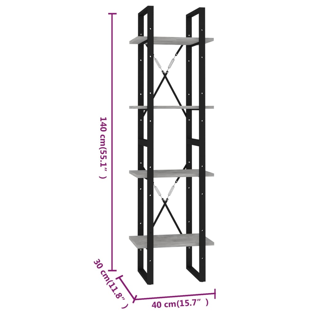 vidaXL Boekenkast met 4 schappen 40x30x140 cm bewerkt hout betongrijs