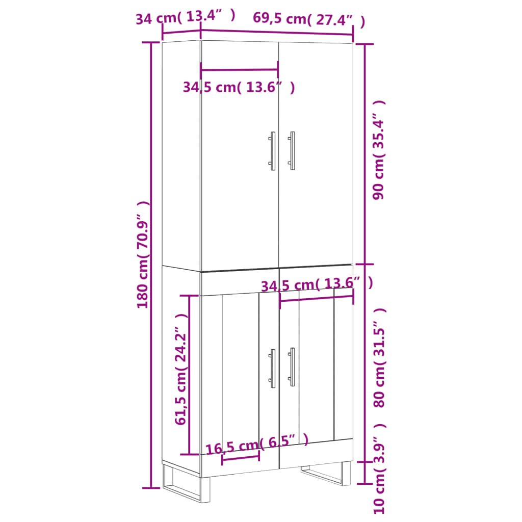 vidaXL Hoge kast 69,5x34x180 cm bewerkt hout wit