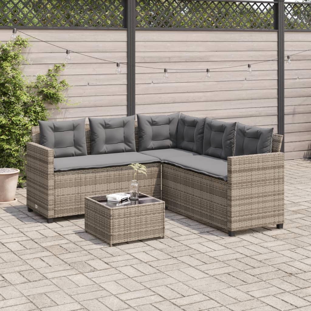 vidaXL Tuinbank met tafel en kussens L-vormig poly rattan grijs