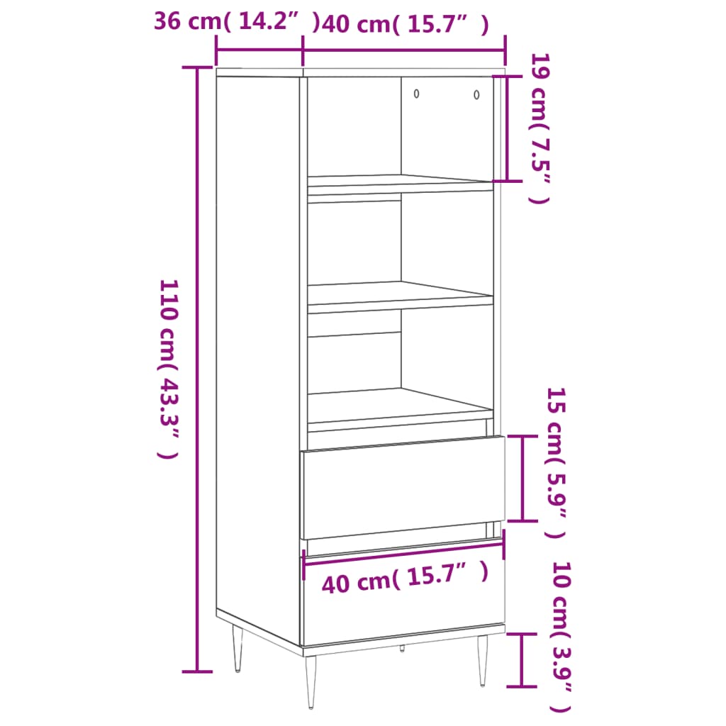 vidaXL Hoge kast 40x36x110 bewerkt hout hoogglans wit