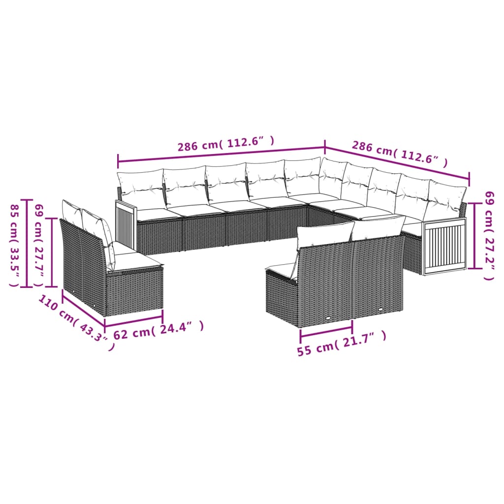 vidaXL 13-delige Loungeset met kussens poly rattan grijs