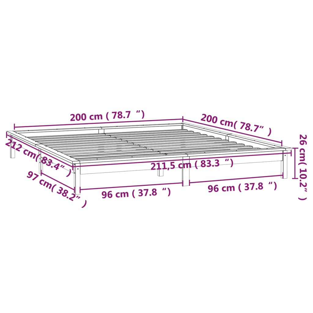 vidaXL Bedframe LED massief hout grijs 200x200 cm