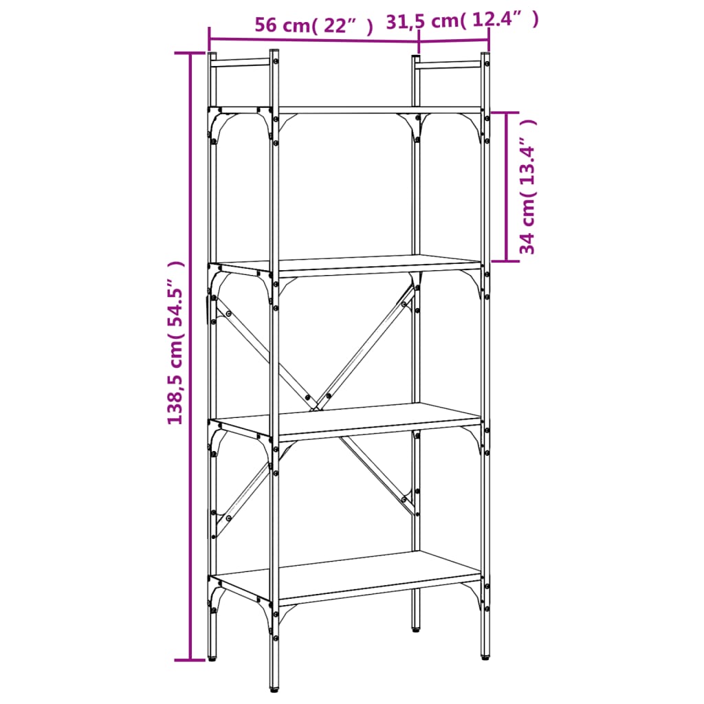 vidaXL Boekenkast 4-laags 56x31,5x138,5 cm bewerkt hout gerookt eiken