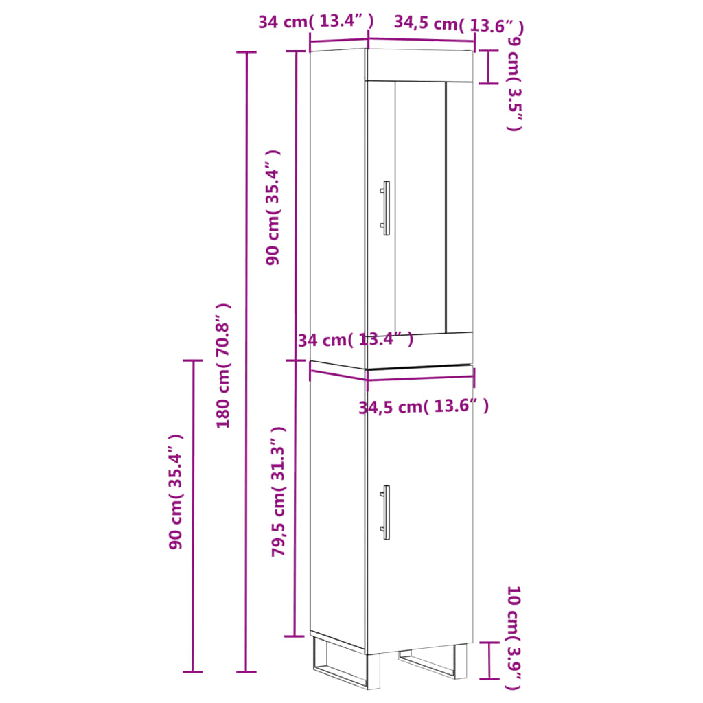 vidaXL Hoge kast 34,5x34x180 cm bewerkt hout grijs sonoma eikenkleurig