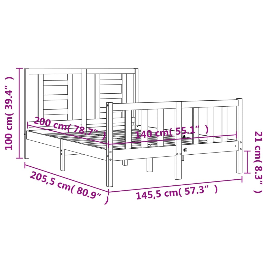 vidaXL Bedframe met hoofdbord massief hout wit 140x200 cm