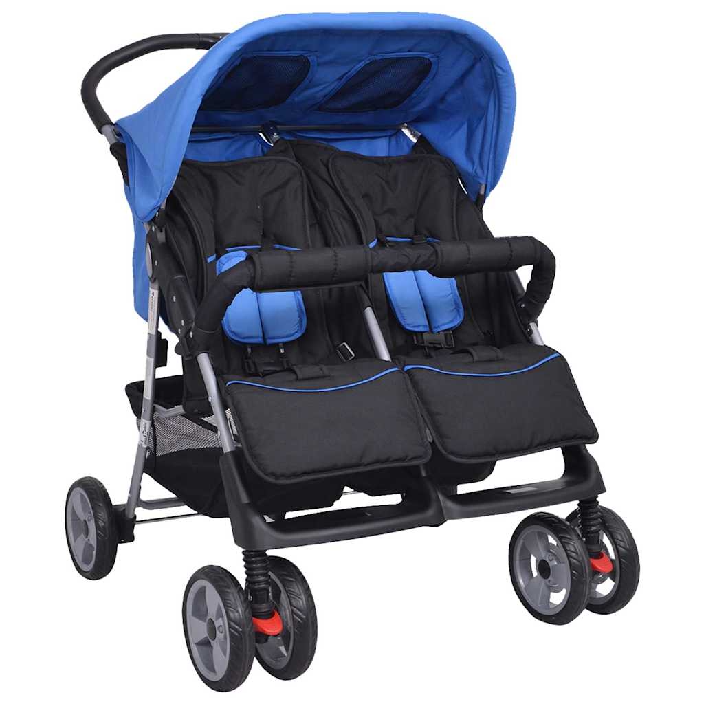 vidaXL Tweelingkinderwagen staal blauw en zwart