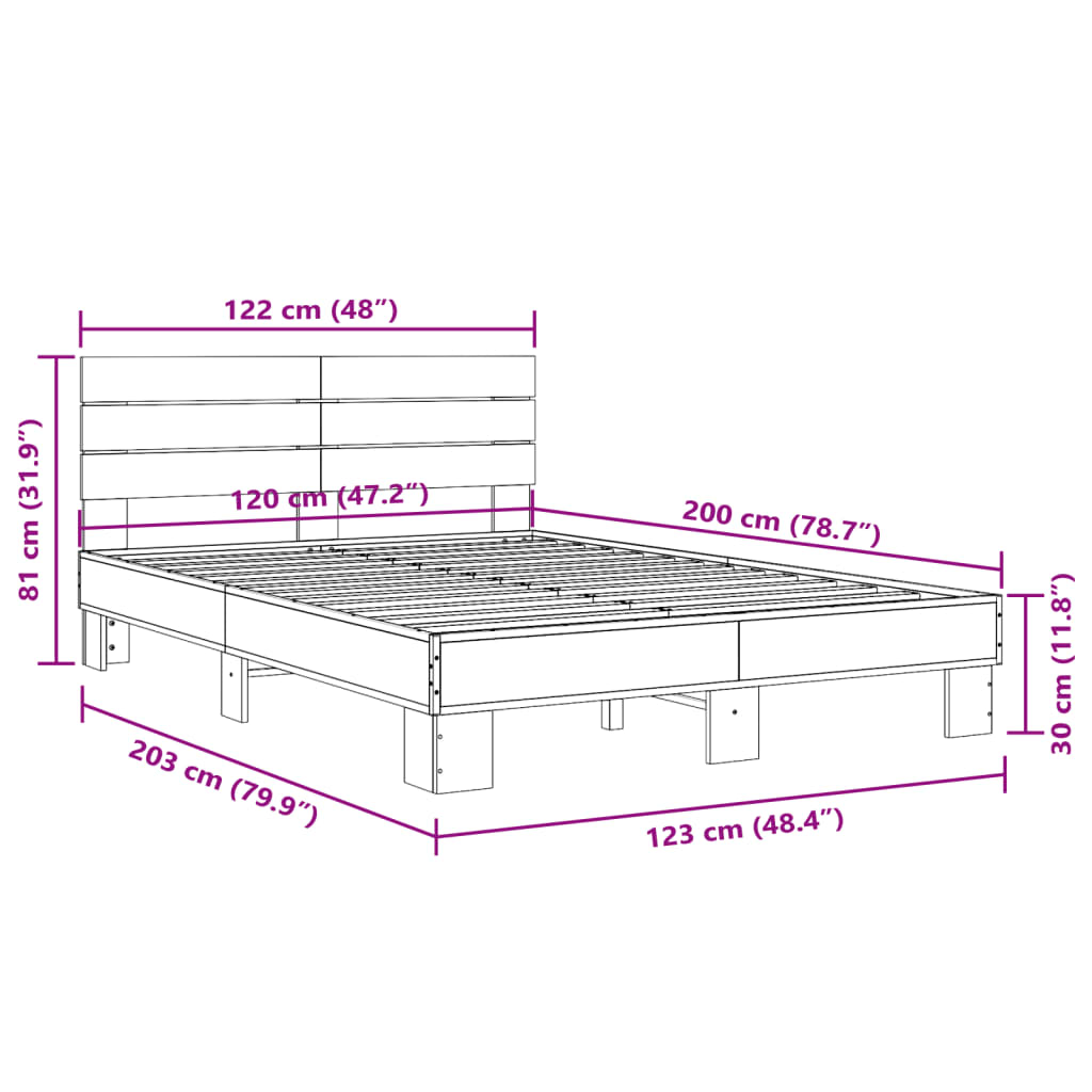 vidaXL Bedframe bewerkt hout metaal grijs sonoma eiken 120x200 cm