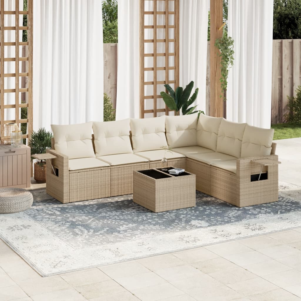 vidaXL 7-delige Loungeset met kussens poly rattan beige