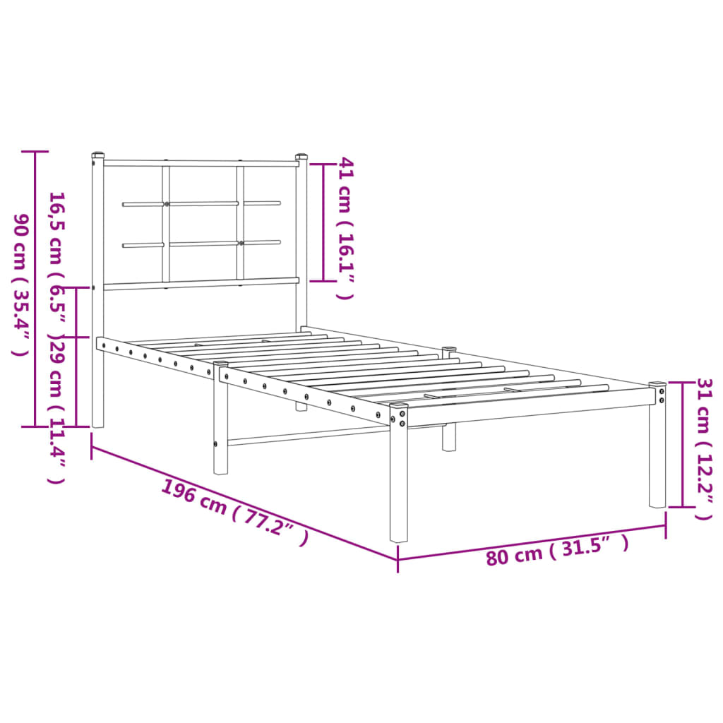 vidaXL Bedframe met hoofdbord zonder matras metaal wit 75x190 cm