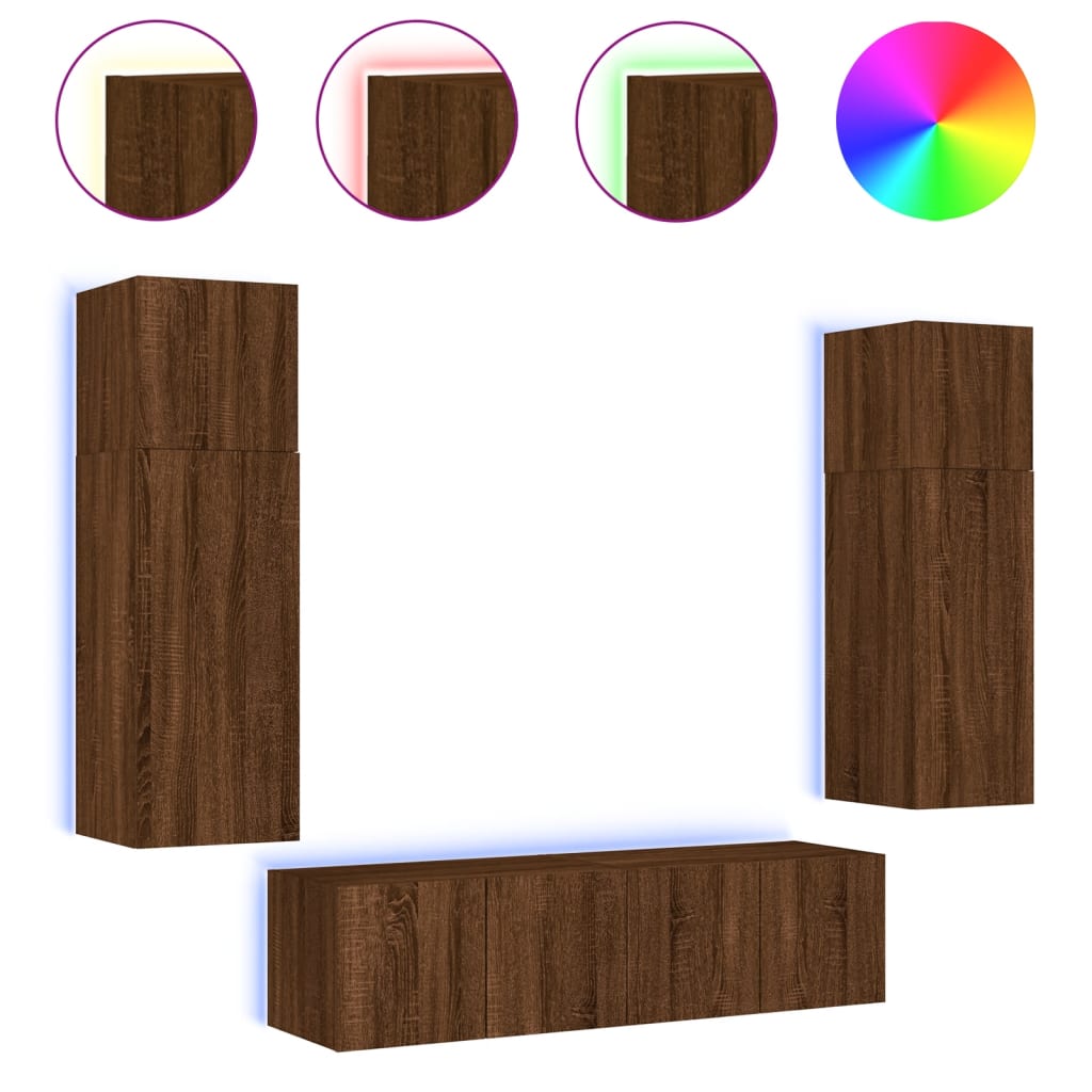 vidaXL 6-delige Tv-wandmeubelset met LED bewerkt hout bruineikenkleur