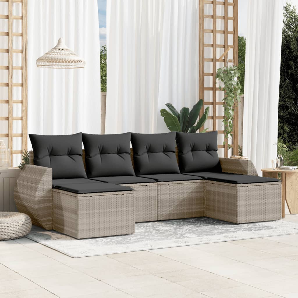 vidaXL 6-delige Loungeset met kussens poly rattan lichtgrijs