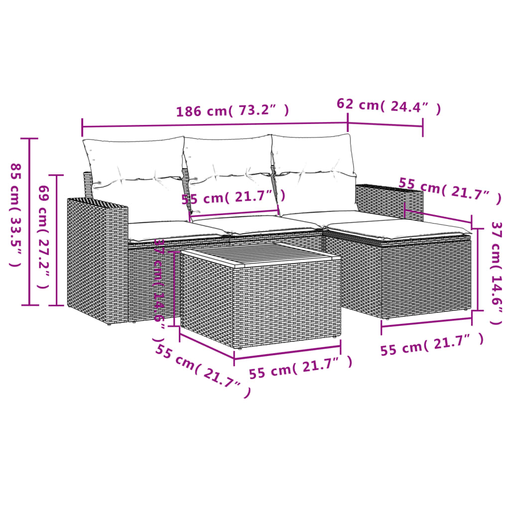 vidaXL 5-delige Loungeset met kussens poly rattan zwart