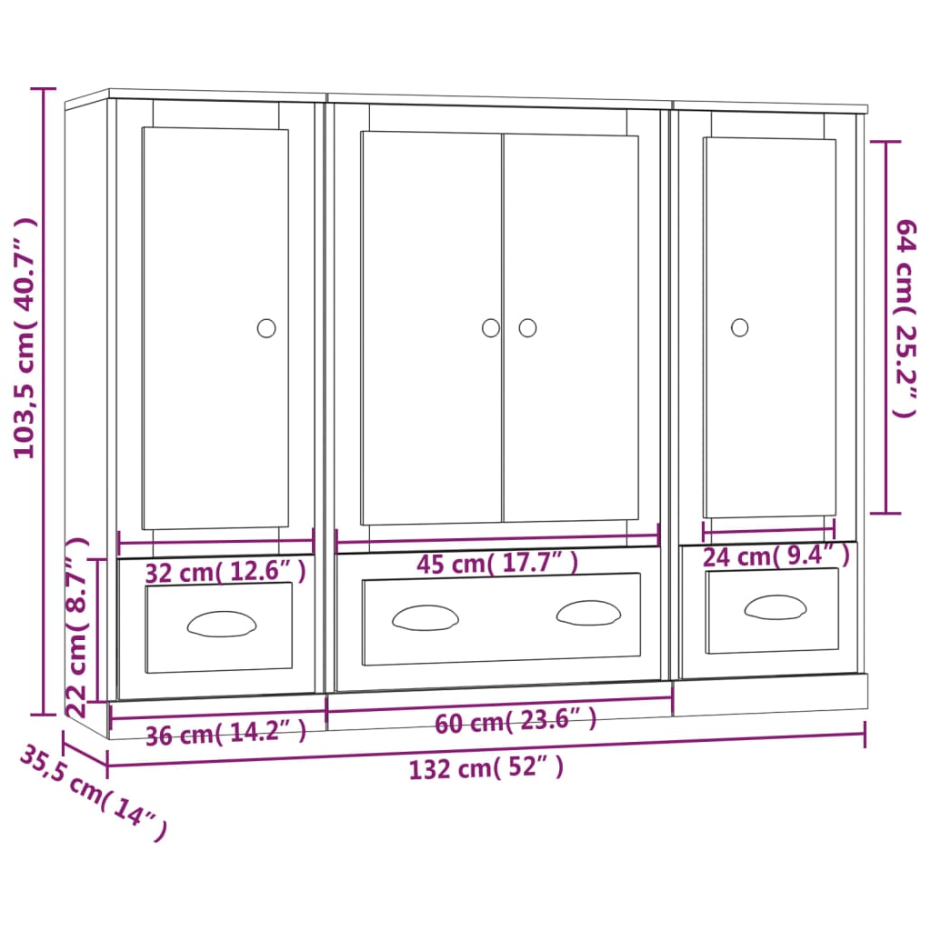 vidaXL Hoge kasten 3 st bewerkt hout wit